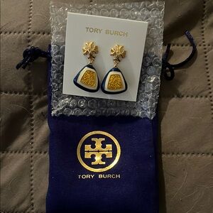 Tory Burch Blue and Gold Earrings w/Bag NWOT